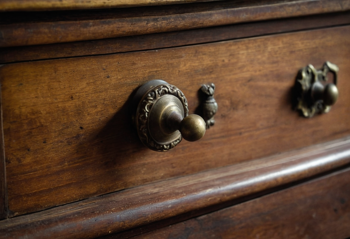 Металлическая ручка на деревянной панели комода
